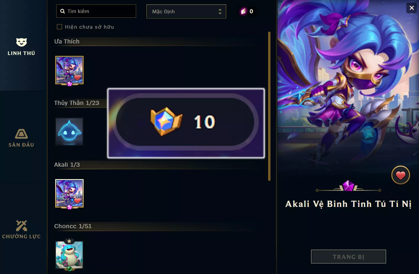 ACC TFT: Akali Vệ Binh Tinh Tú Tí Nị, dư 10 huy hiệu, lv1 unrank, trắng thông tin